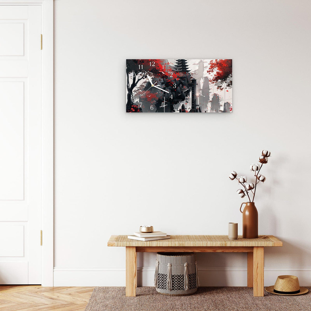 Moderne Wanduhr aus Glas mit Farbtiefe – Wanduhr Mystischer Tempel aus Glas – Querformat 60 × 30 cm