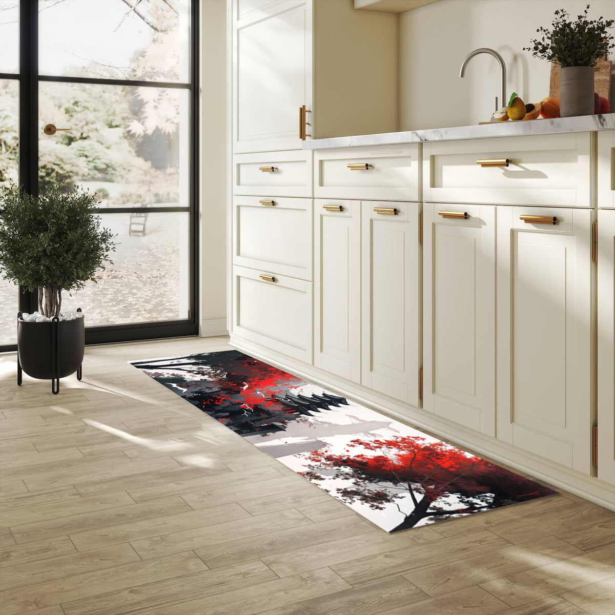 Waschbarer Bodenläufer Teppich mit Motiv Mystischer Tempel in heller Küche