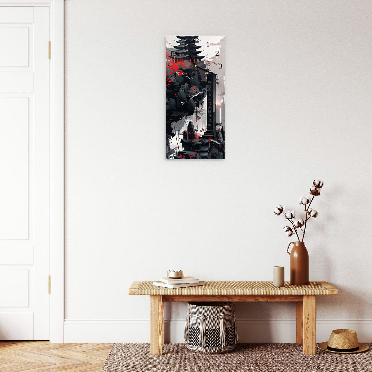 Moderne Wanduhr aus Glas mit Farbtiefe – Wanduhr Mystischer Tempel aus Glas – Hochformat 30 × 60 cm