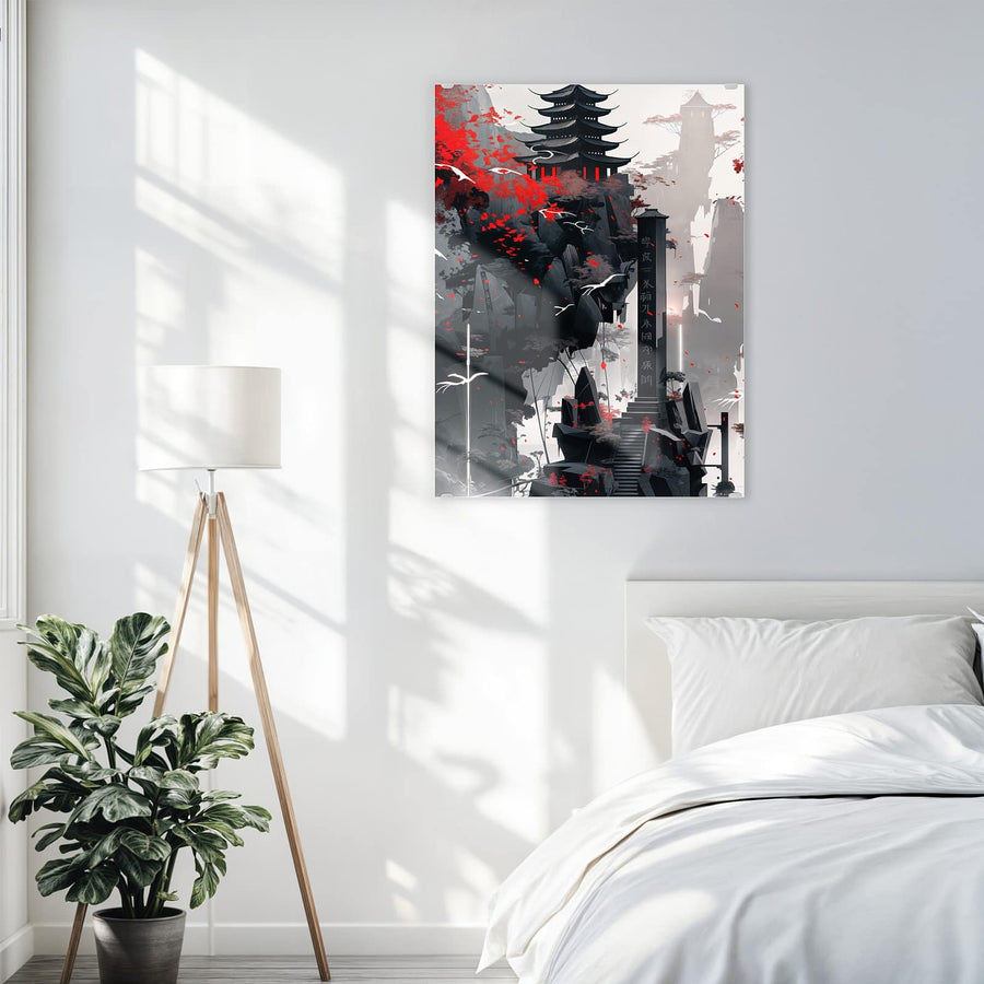Maße Wandbild - Pagode im roten Laub - Hochformat