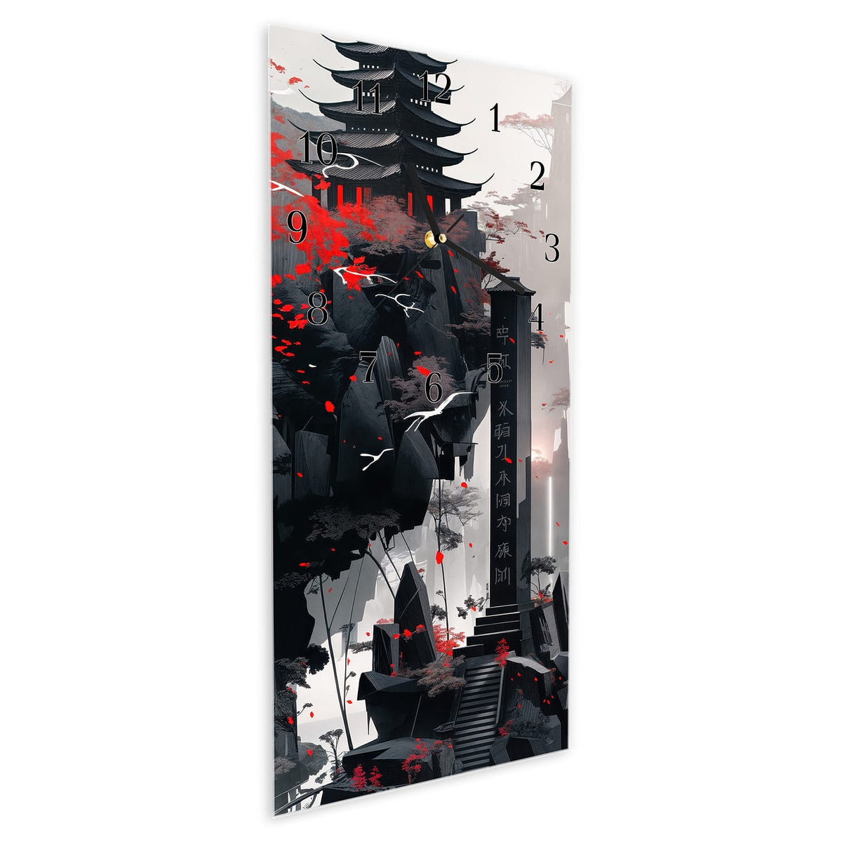 Vormontiert – mit Schwebeeffekt – Wanduhr Mystischer Tempel aus Glas – Hochformat 30 × 60 cm