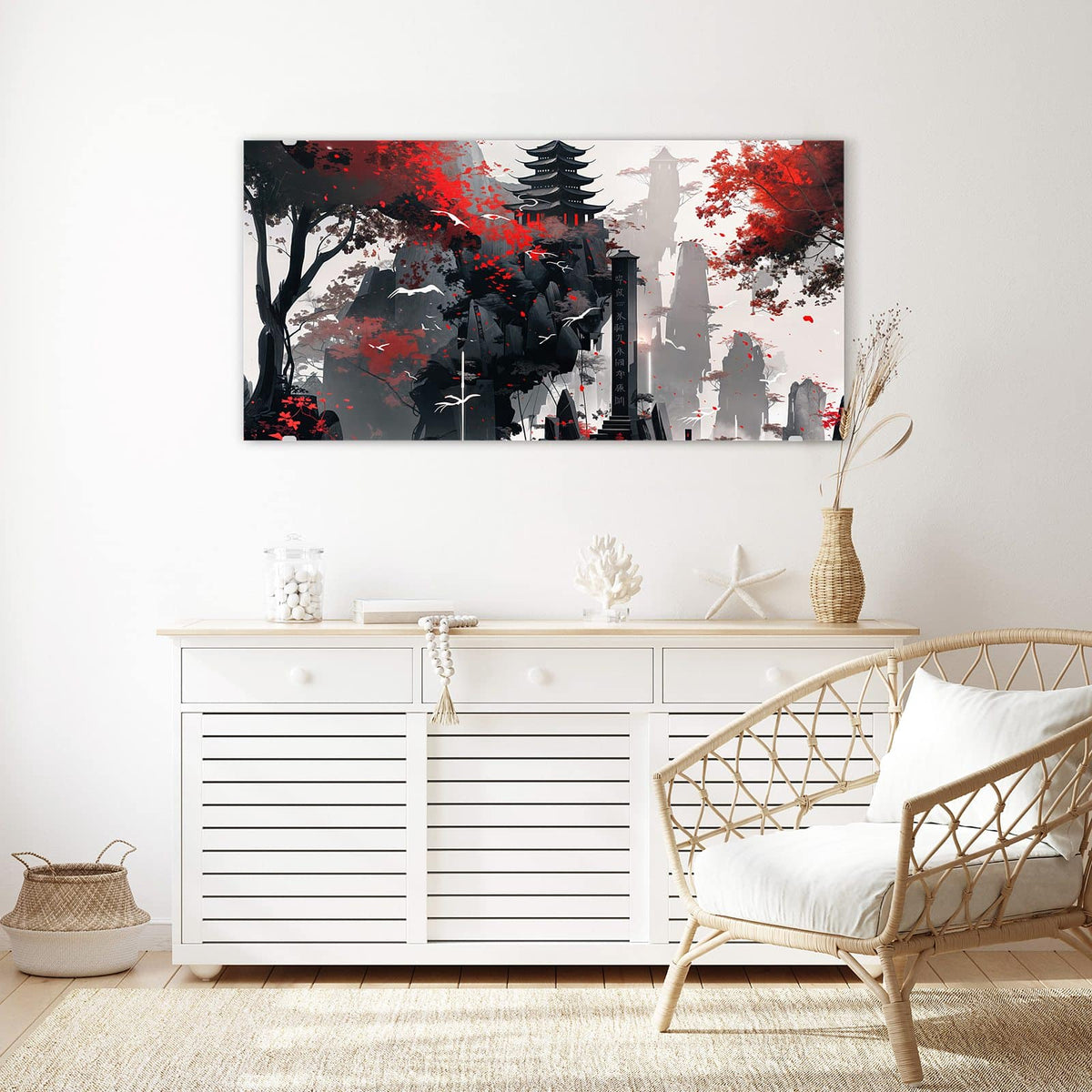 Echtglas, 4 mm – kein Acryl, keine Folie – Wandbild - Pagode im roten Laub - Querformat