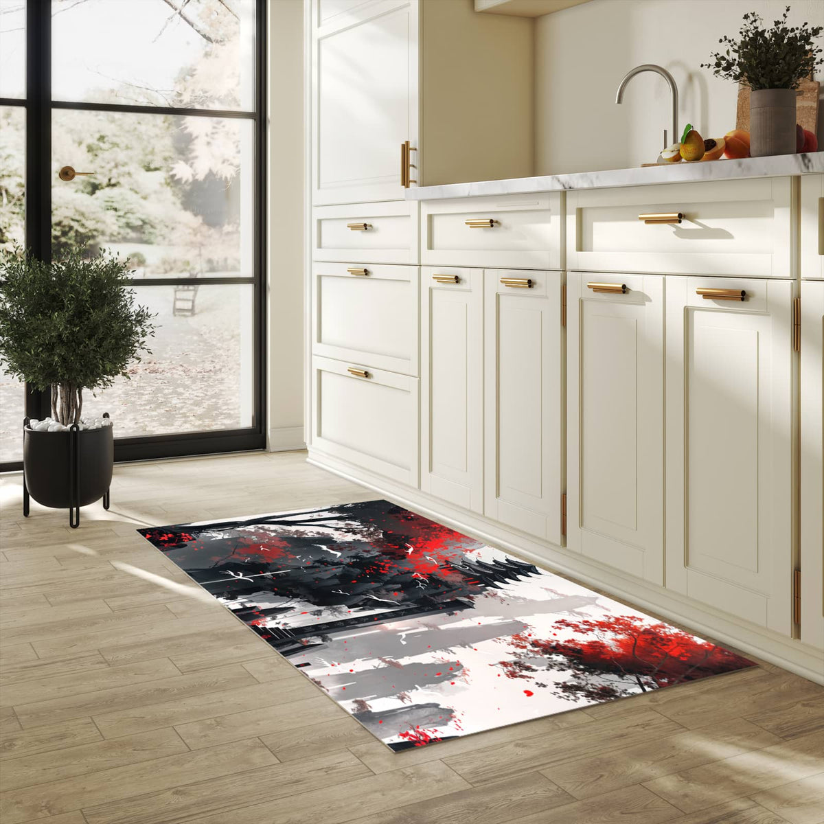 Formstabiler großer Küchenteppich mit Motiv Mystischer Tempel in heller Küche