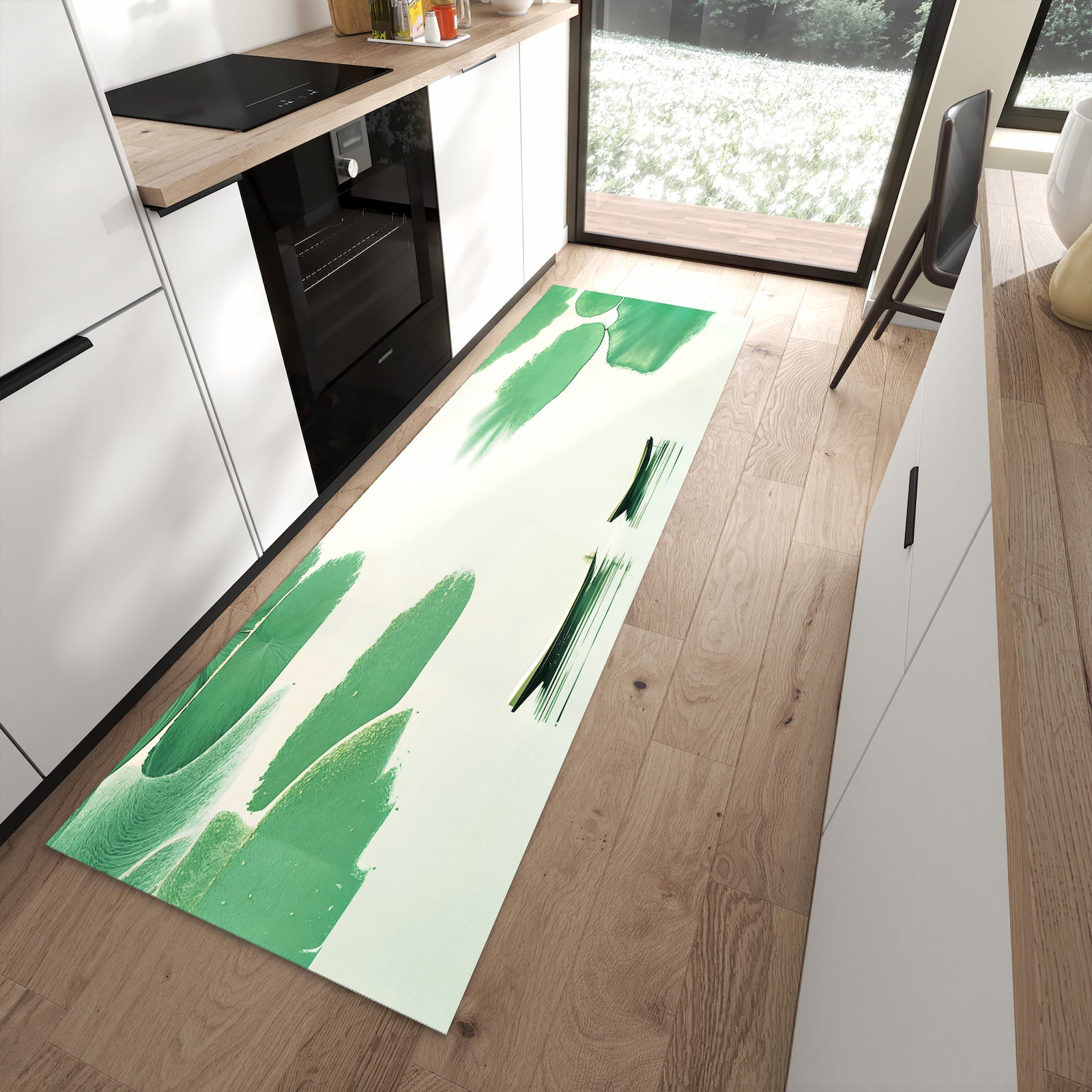 Fleckenresistenter rutschfester Küchenteppich mit Motiv Boote auf dem See in moderner Küche