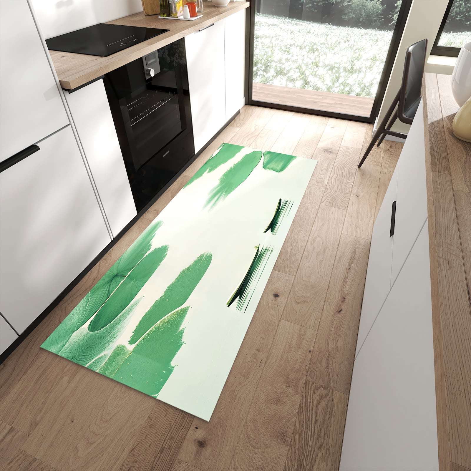 Wasserabweisender Teppich für Esstisch mit Motiv Boote auf dem See in moderner Küche