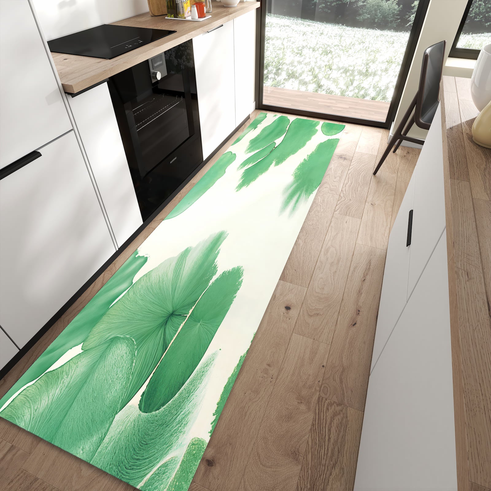 Geruchsneutraler Bodenläufer Teppich mit Motiv Boote auf dem See in moderner Küche