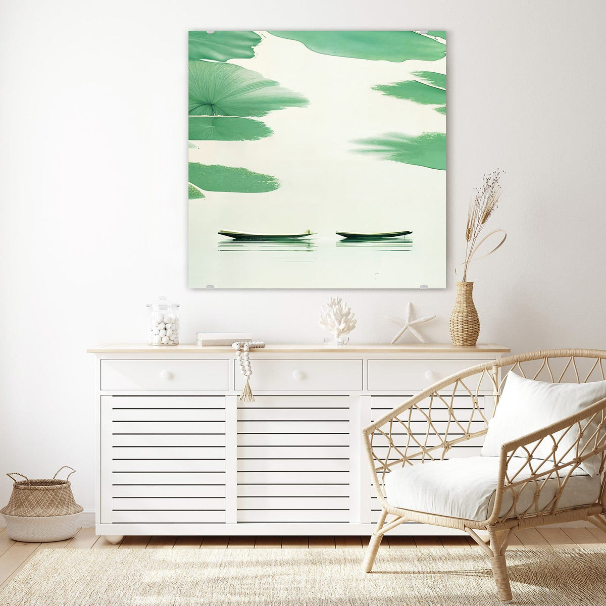 Echtglas, 4 mm – kein Acryl, keine Folie – Wandbild - Boote zwischen Seerosen - Quadratisch