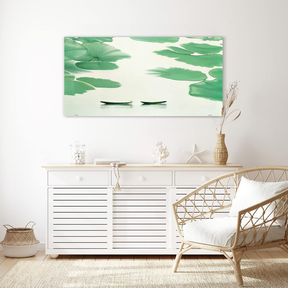 Echtglas, 4 mm – kein Acryl, keine Folie – Wandbild - Boote zwischen Seerosen - Querformat