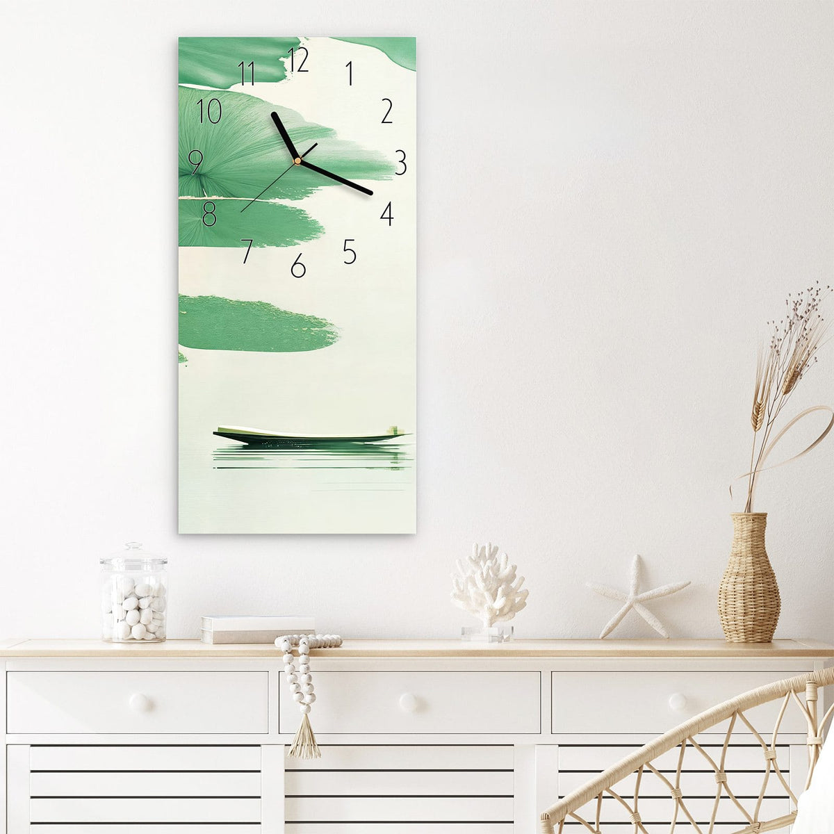 Wanduhr Boote auf dem See aus Glas – Boote zwischen großen Seerosenblättern