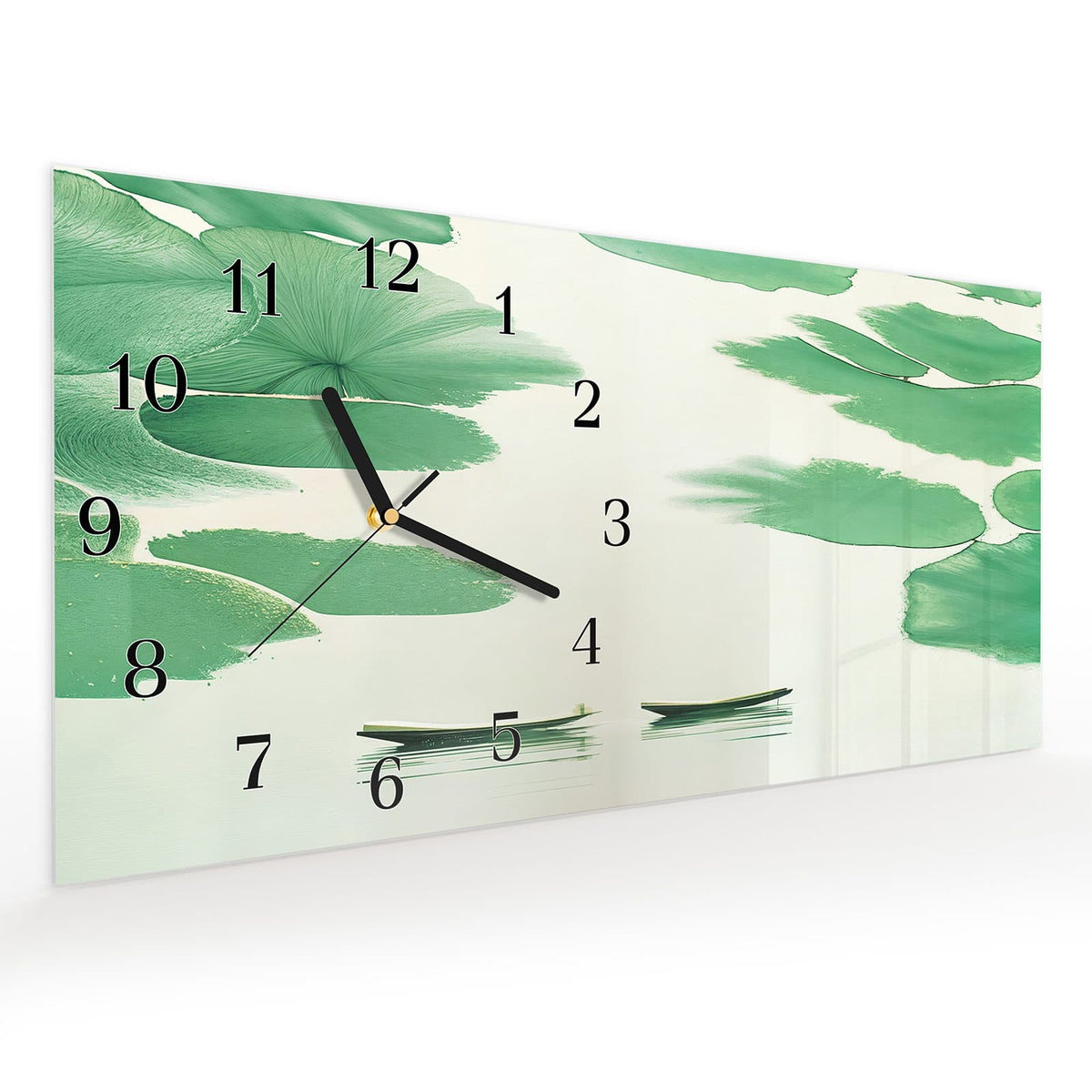 Vormontiert – mit Schwebeeffekt – Wanduhr Boote auf dem See aus Glas – Querformat 60 × 30 cm