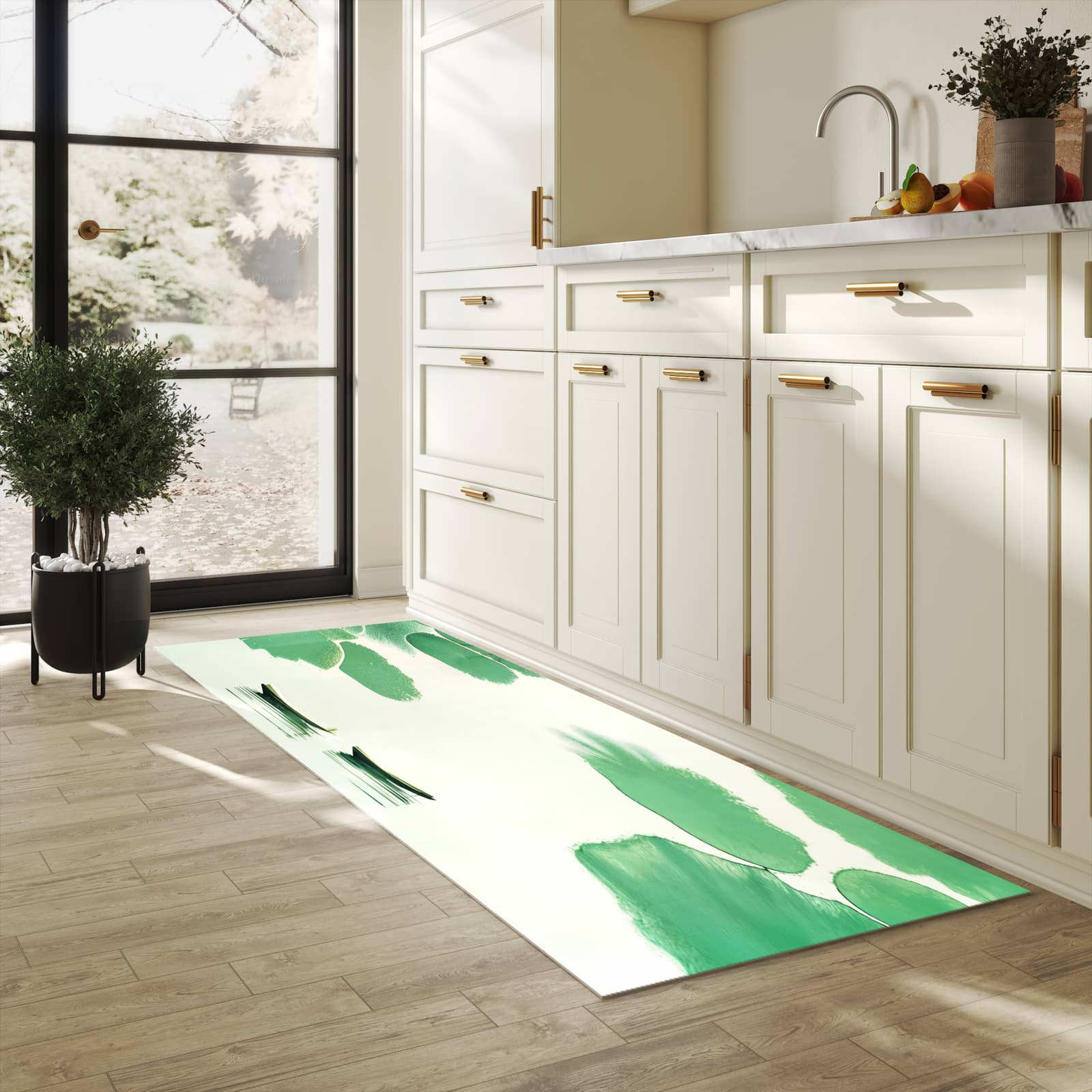 Flacher Läufer mit Motiv Boote auf dem See für rutschfesten Halt in heller Küche