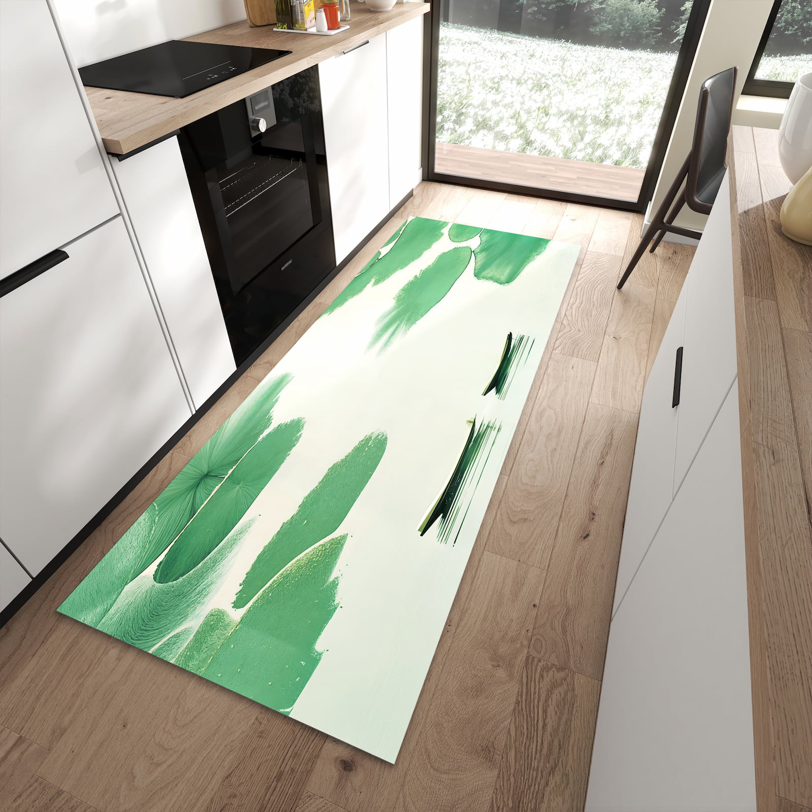 Flacher Küchenteppich mit Motiv Boote auf dem See in moderner Küche - waschbar