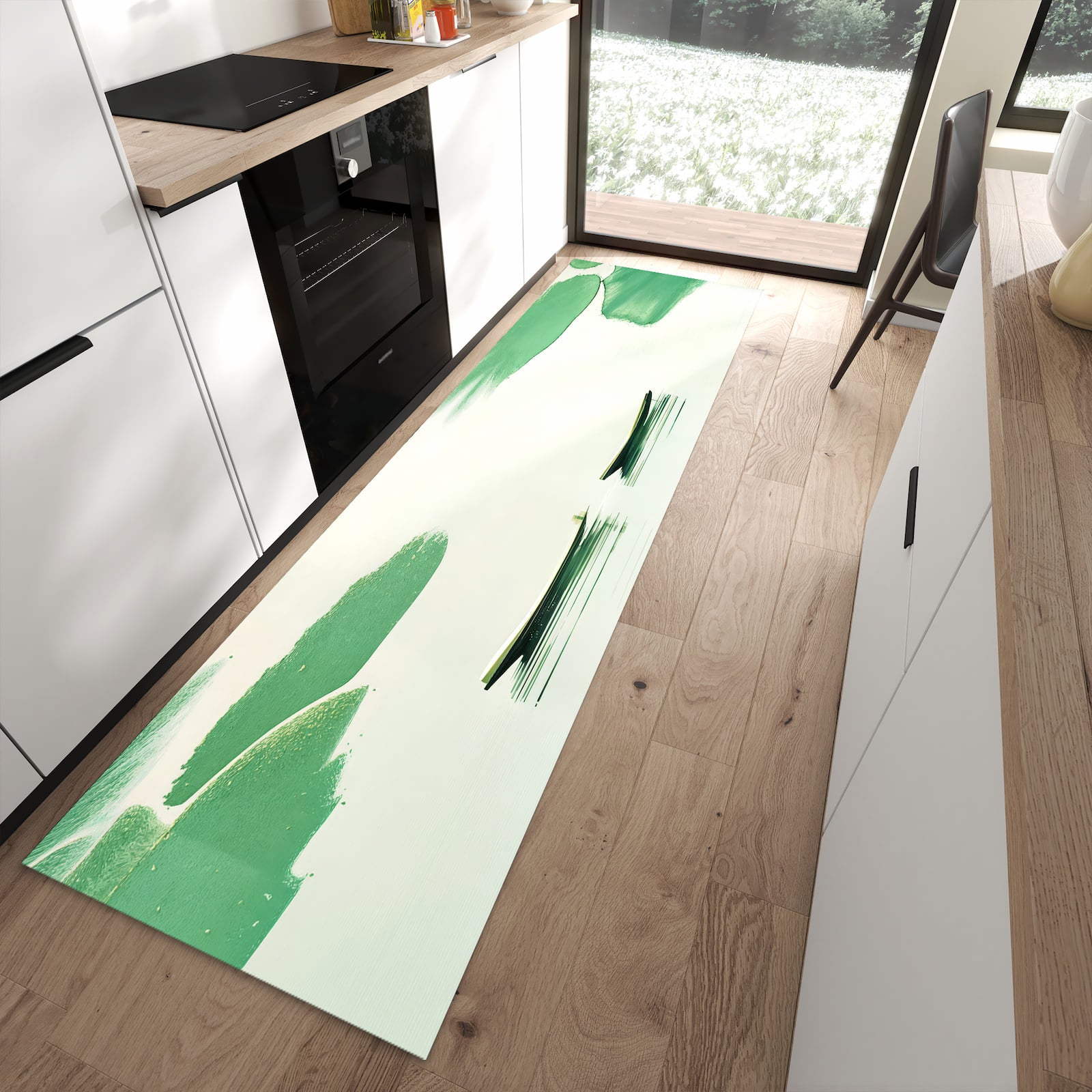 Schmutzabweisender Bodenläufer mit Motiv Boote auf dem See in moderner Küche