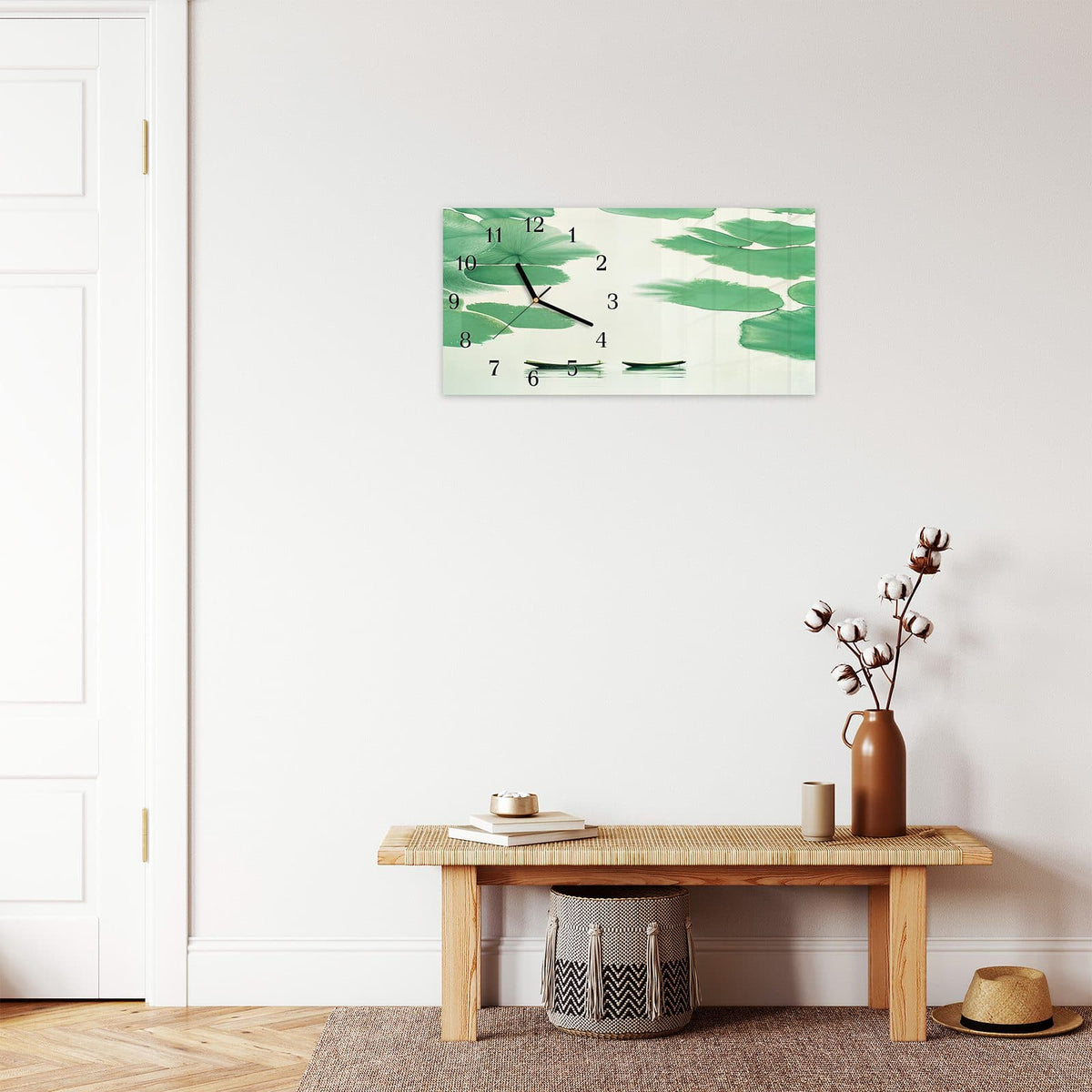 Moderne Wanduhr aus Glas mit Farbtiefe – Wanduhr Boote auf dem See aus Glas – Querformat 60 × 30 cm