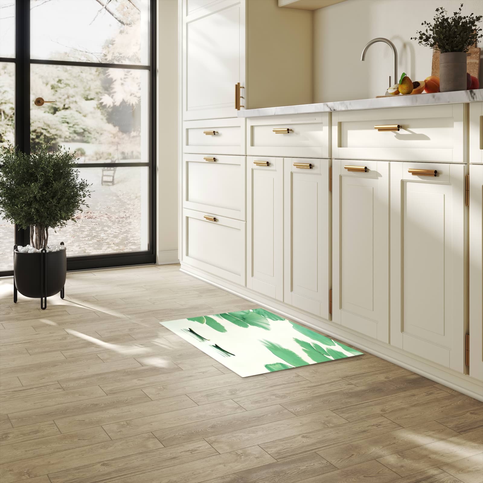 Geruchsneutraler langer Teppich mit Motiv Boote auf dem See in heller Küche