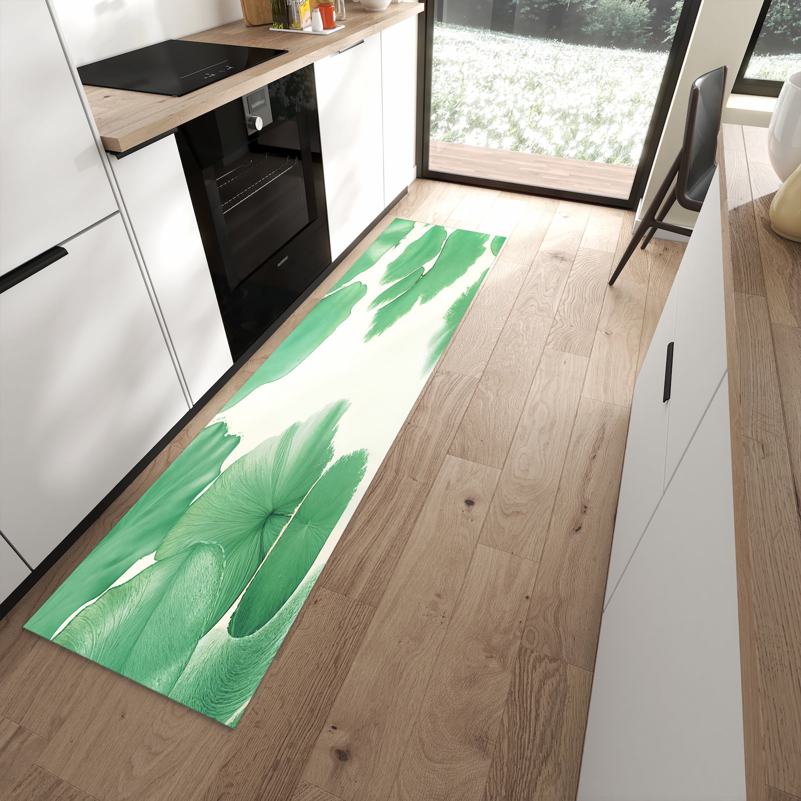 Geräuschdämpfender dünner Teppich mit Motiv Boote auf dem See in moderner Küche