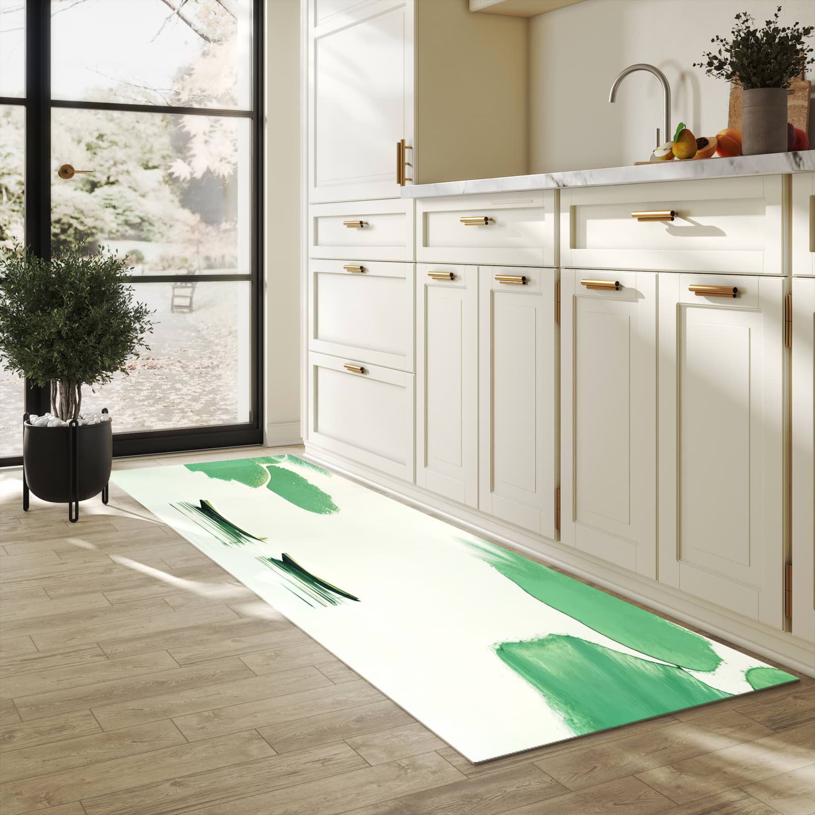 Pflegeleichter dünner Teppich mit Motiv Boote auf dem See in heller Küche