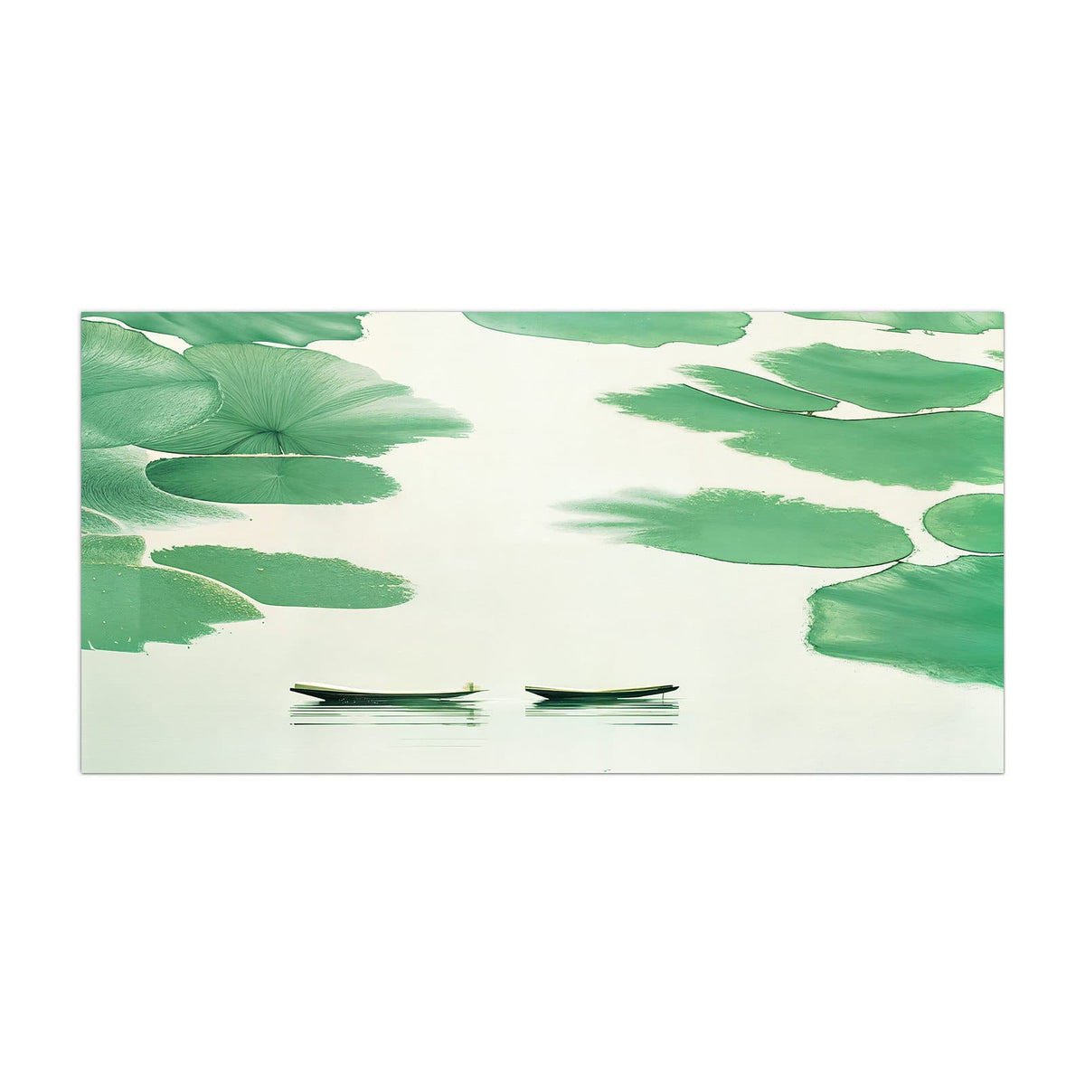 Küchenrückwand aus Glas Boote zwischen Seerosen im Hochformat, Motiv bildfüllend von vorn