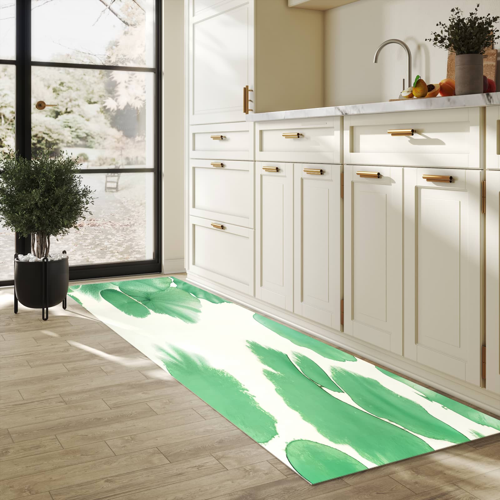 Komfortabler rutschfester Küchenteppich mit Motiv Boote auf dem See in heller Küche