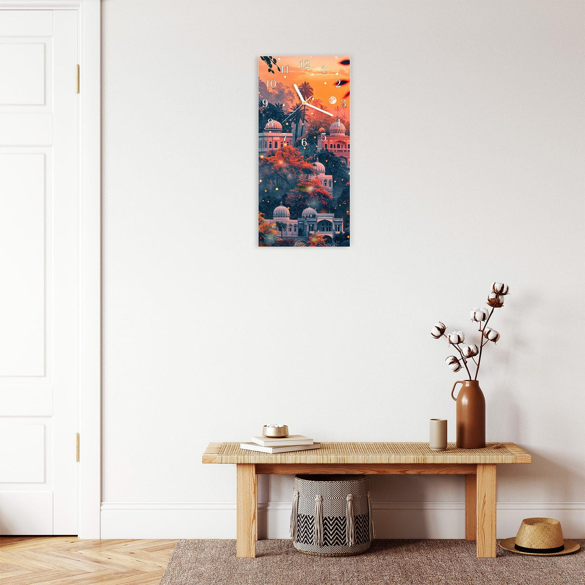 Moderne Wanduhr aus Glas mit Farbtiefe – Wanduhr Traumhafter Tempel aus Glas – Hochformat 30 × 60 cm