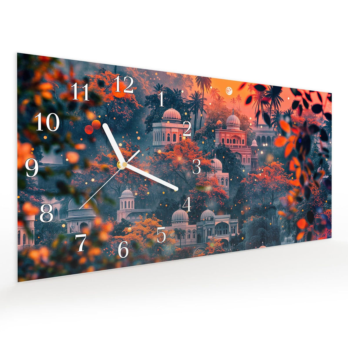 Vormontiert – mit Schwebeeffekt – Wanduhr Traumhafter Tempel aus Glas – Querformat 60 × 30 cm