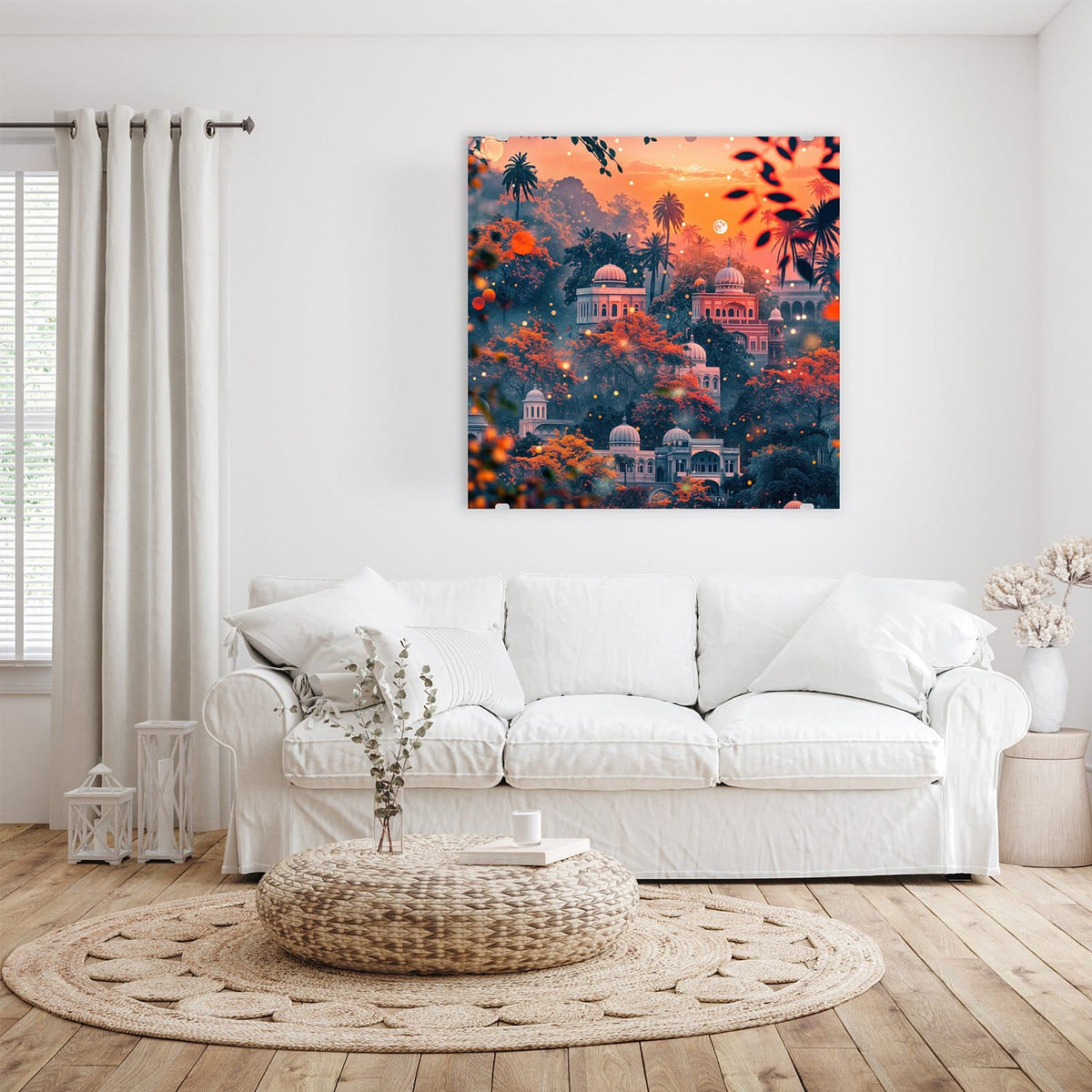 Glasbild Orientalischer Palast an der Wand – Indisch-orientalische Kuppelpaläste zwischen orangefarbenen Bäumen im Abendrot, Mond am Himmel