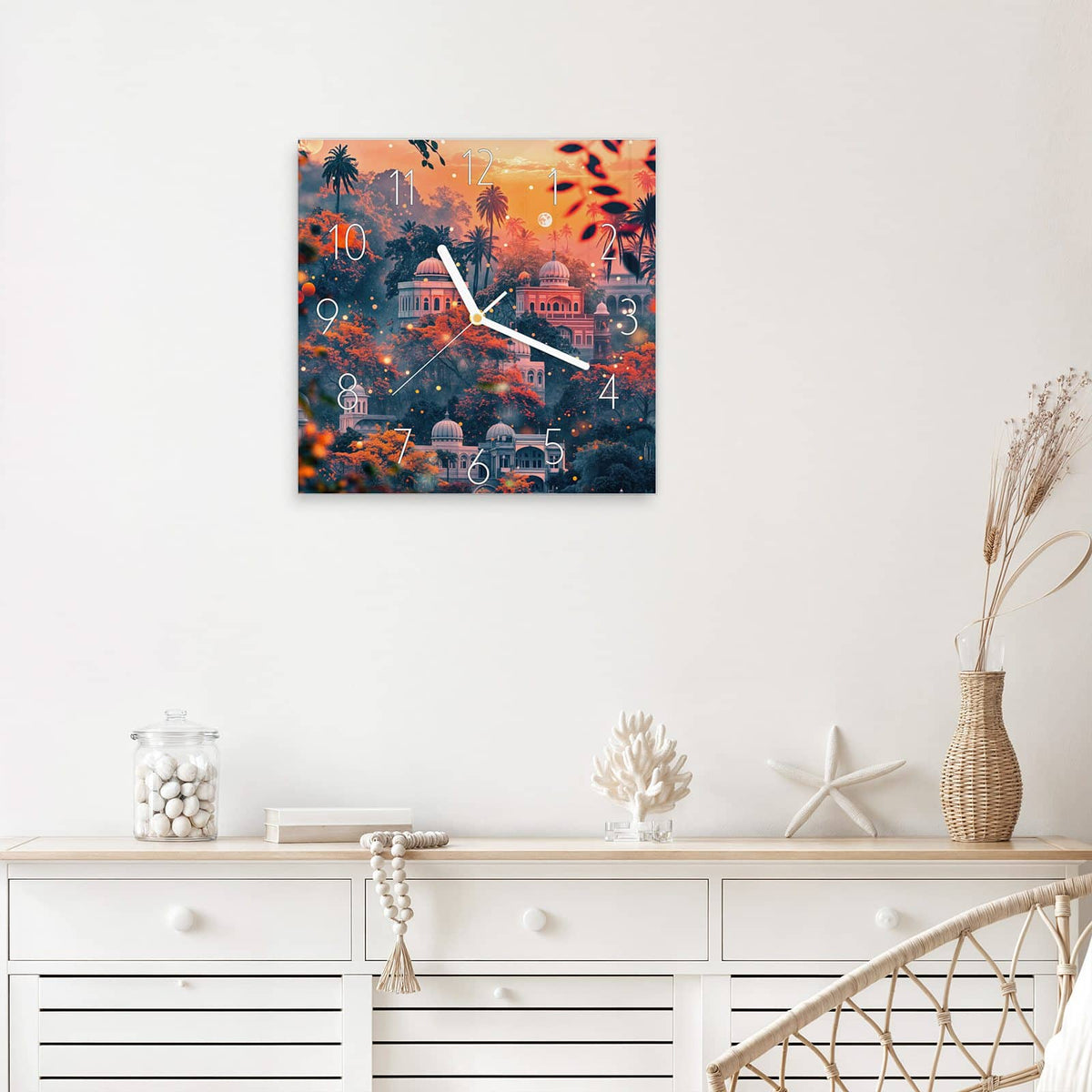 Wanduhr Orientalischer Palast aus Glas – Quadratisch 30 × 30 cm – Orientalischer Palast im Abendlicht