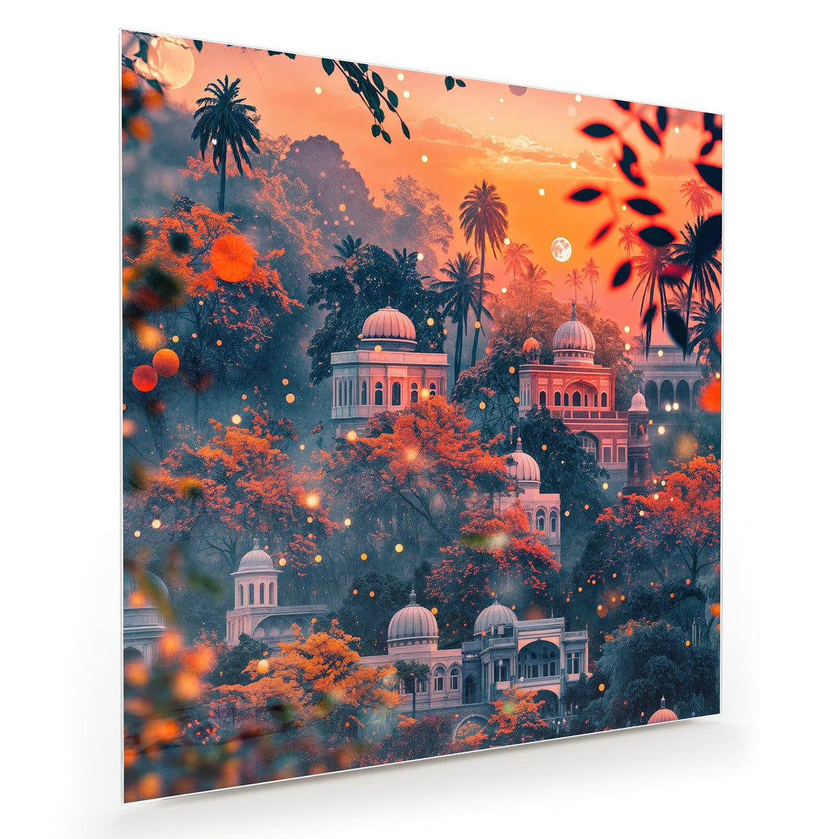 Indisch-orientalische Kuppelpaläste zwischen orangefarbenen Bäumen im Abendrot, Mond am Himmel