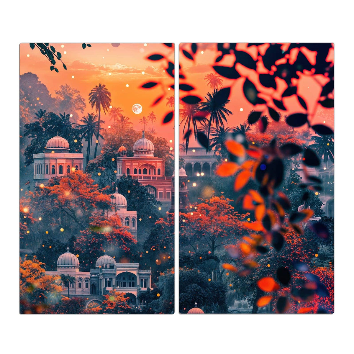 Indisch-orientalische Kuppelpaläste zwischen orangefarbenen Bäumen im Abendrot, Mond am Himmel