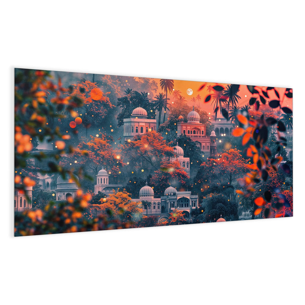 Indisch-orientalische Kuppelpaläste zwischen orangefarbenen Bäumen im Abendrot, Mond am Himmel