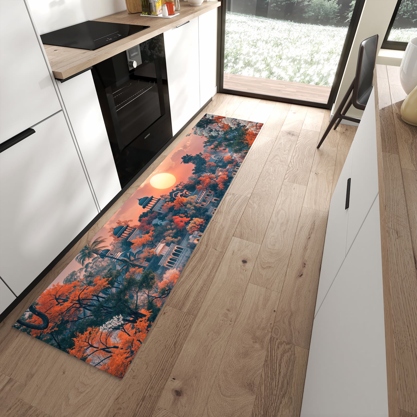 UV-beständiger Küchenläufer mit Motiv Sonnenuntergangspalast in moderner Küche - waschbar