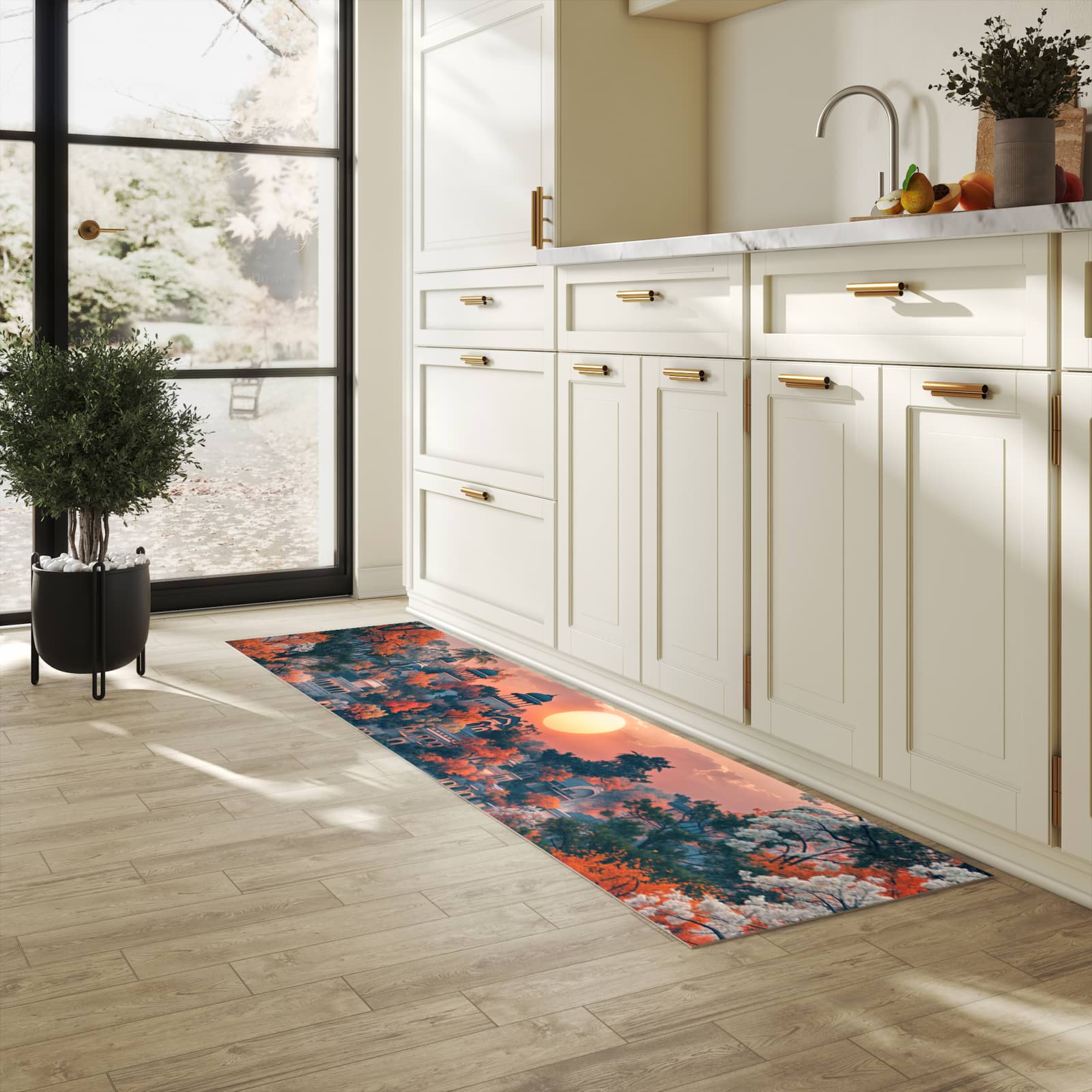 Schmutzabweisender rutschfester Küchenläufer mit Motiv Sonnenuntergangspalast in heller Küche