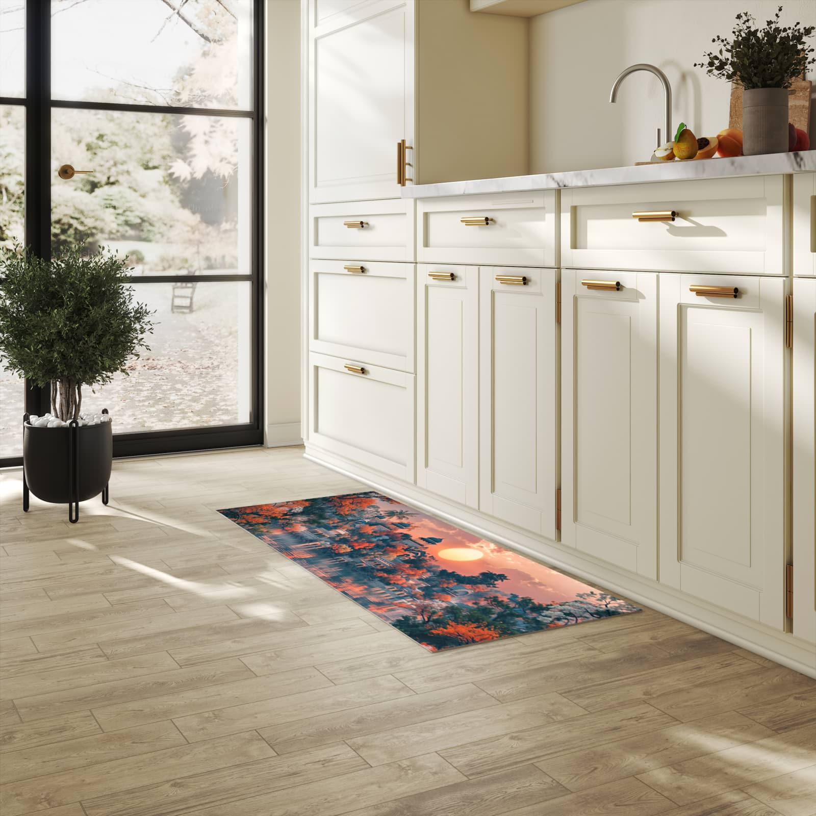 Wasserabweisender Küchenläufer mit Motiv Sonnenuntergangspalast in heller Küche