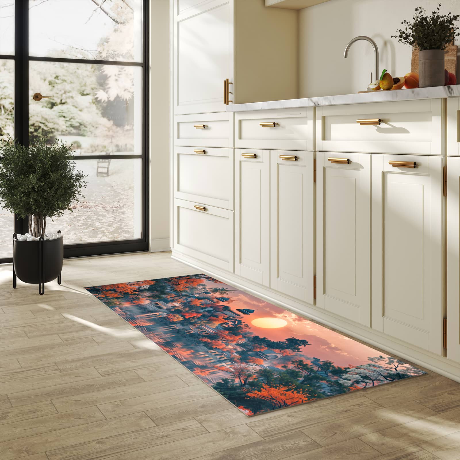 Pflegeleichter moderner Küchenläufer mit Motiv Sonnenuntergangspalast in heller Küche