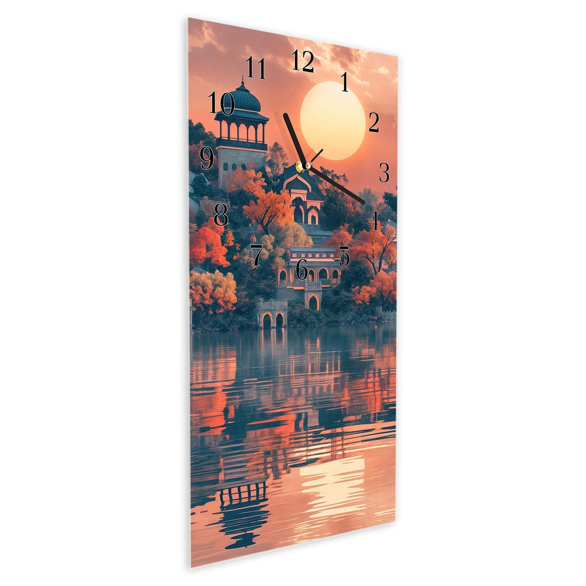 Vormontiert – mit Schwebeeffekt – Wanduhr Sonnenuntergangspalast aus Glas – Hochformat 30 × 60 cm