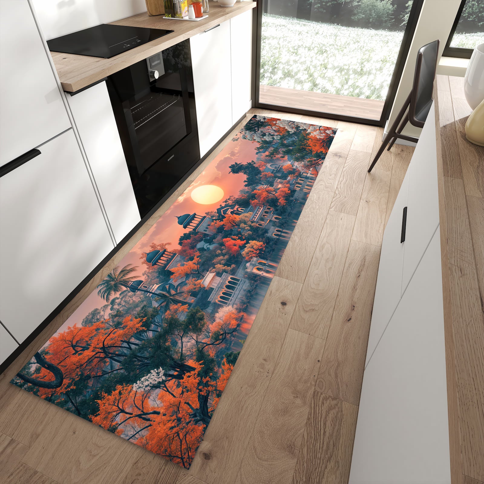 Langlebiger Küchenteppich mit Motiv Sonnenuntergangspalast in moderner Küche