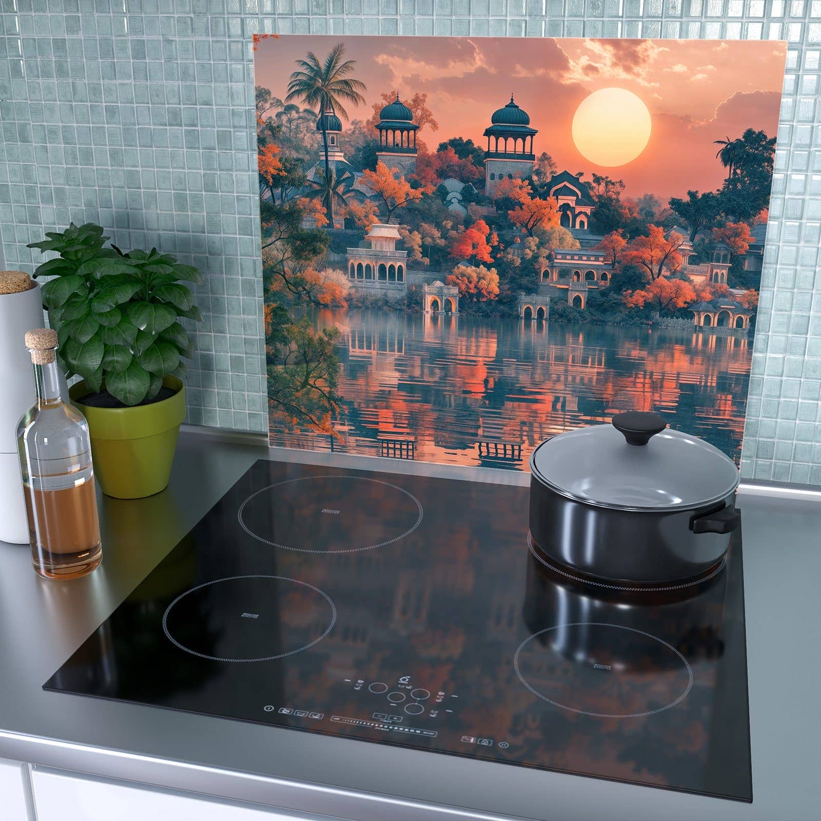1-teilige Ceranfeldabdeckung mit Sonnenuntergangspalast-Motiv als Spritzschutz hinter dem Kochfeld