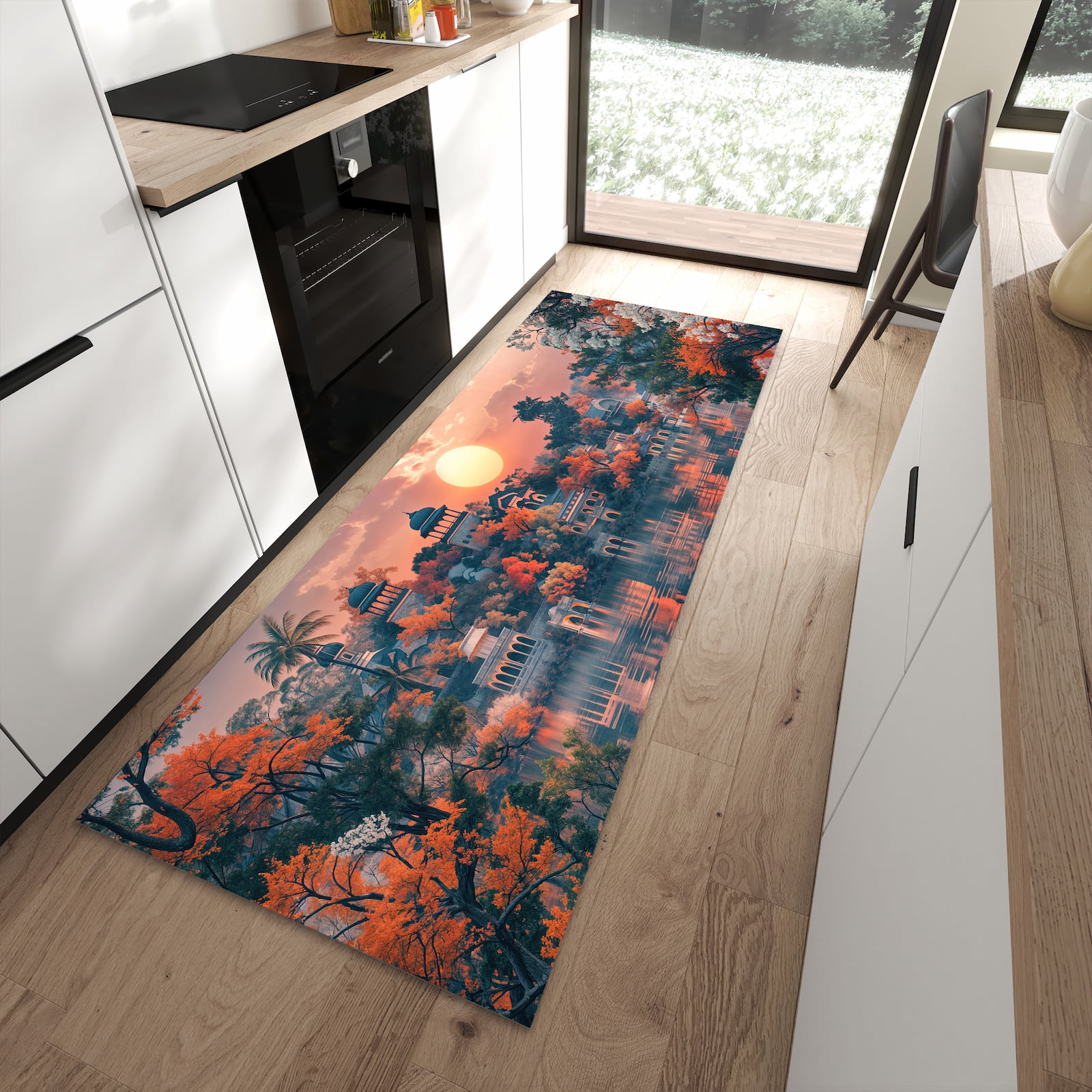 Komfortabler Küchenteppich mit Motiv Sonnenuntergangspalast in moderner Küche