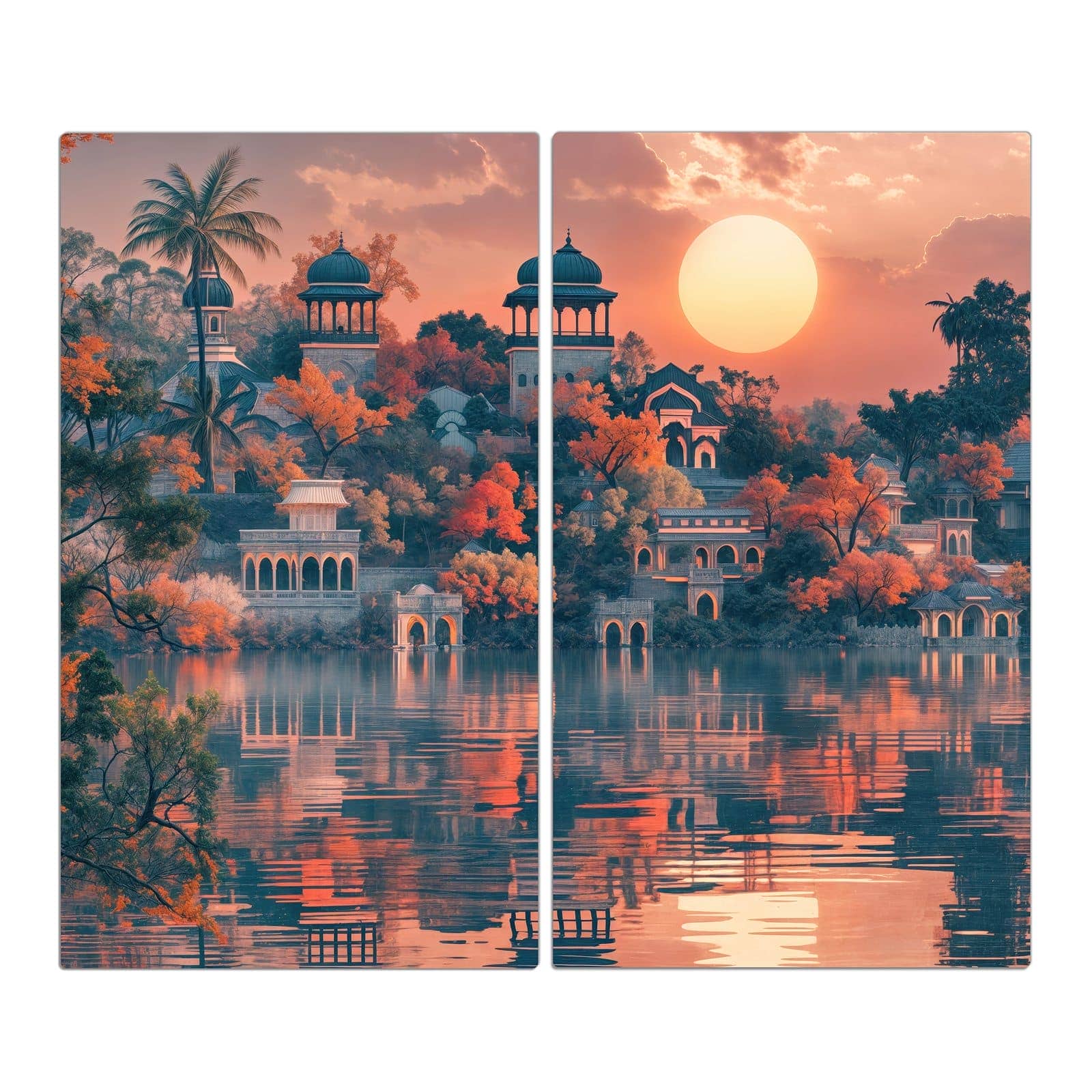 2-teilige Herdabdeckplatten mit Sonnenuntergangspalast-Motiv in der Frontansicht