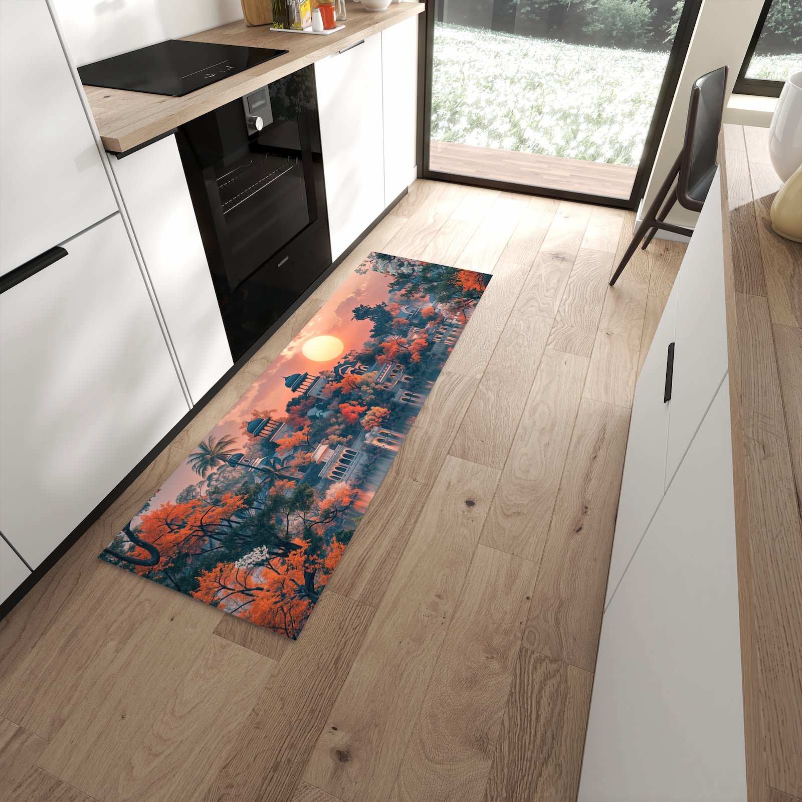 Abriebfester Küchenläufer nach Maß mit Motiv Sonnenuntergangspalast in moderner Küche