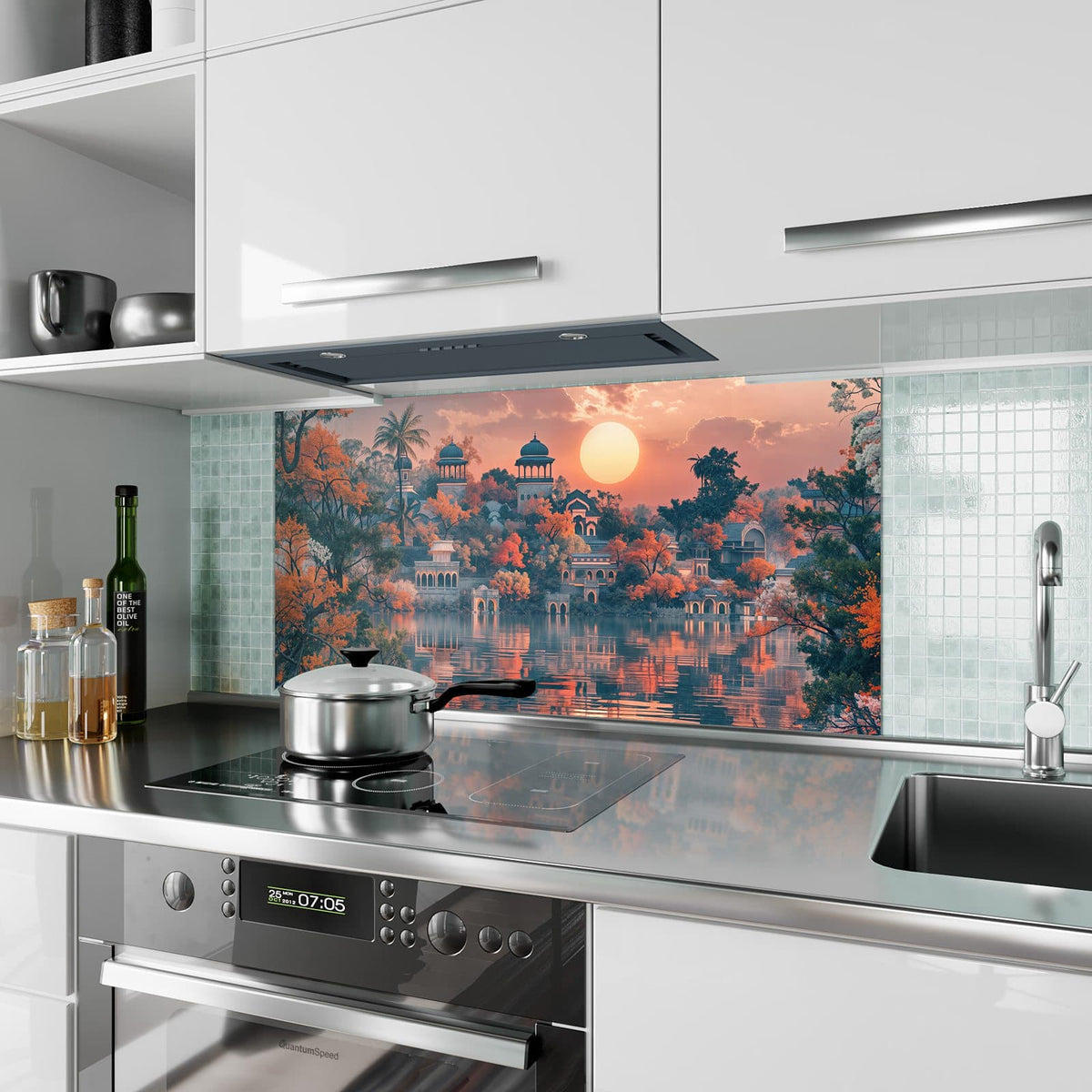 Küchenrückwand aus Glas Palast im Abendlicht im Hochformat als Spritzschutz hinter dem Kochfeld, über dem Fliesenspiegel montiert