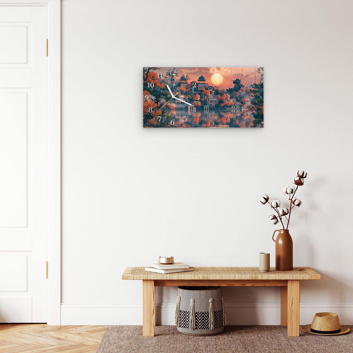 Moderne Wanduhr aus Glas mit Farbtiefe – Wanduhr Palast im Abendlicht aus Glas – Querformat 60 × 30 cm