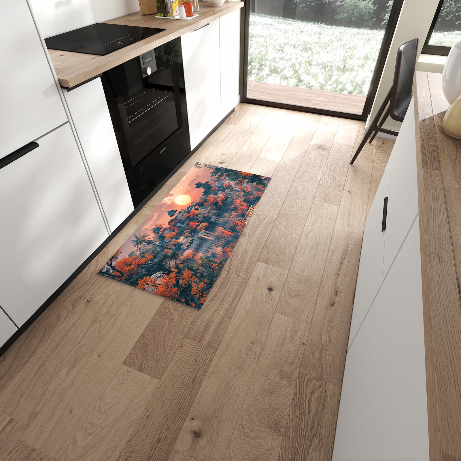 Zeitsparender rutschfester Küchenläufer mit Motiv Sonnenuntergangspalast in moderner Küche #grösse_60 x 120 cm