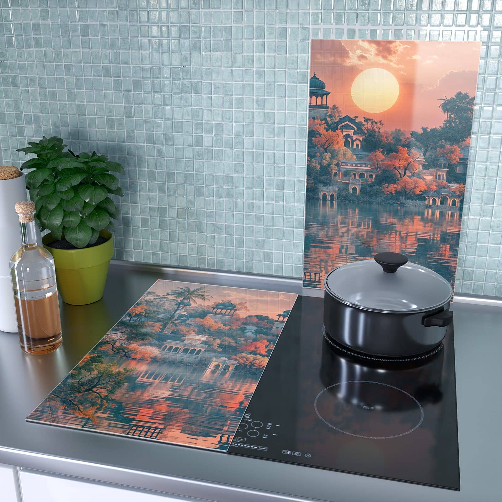 2-teilige Herdabdeckung aus Holz mit Sonnenuntergangspalast-Motiv als Spritzschutz hinter dem Kochfeld