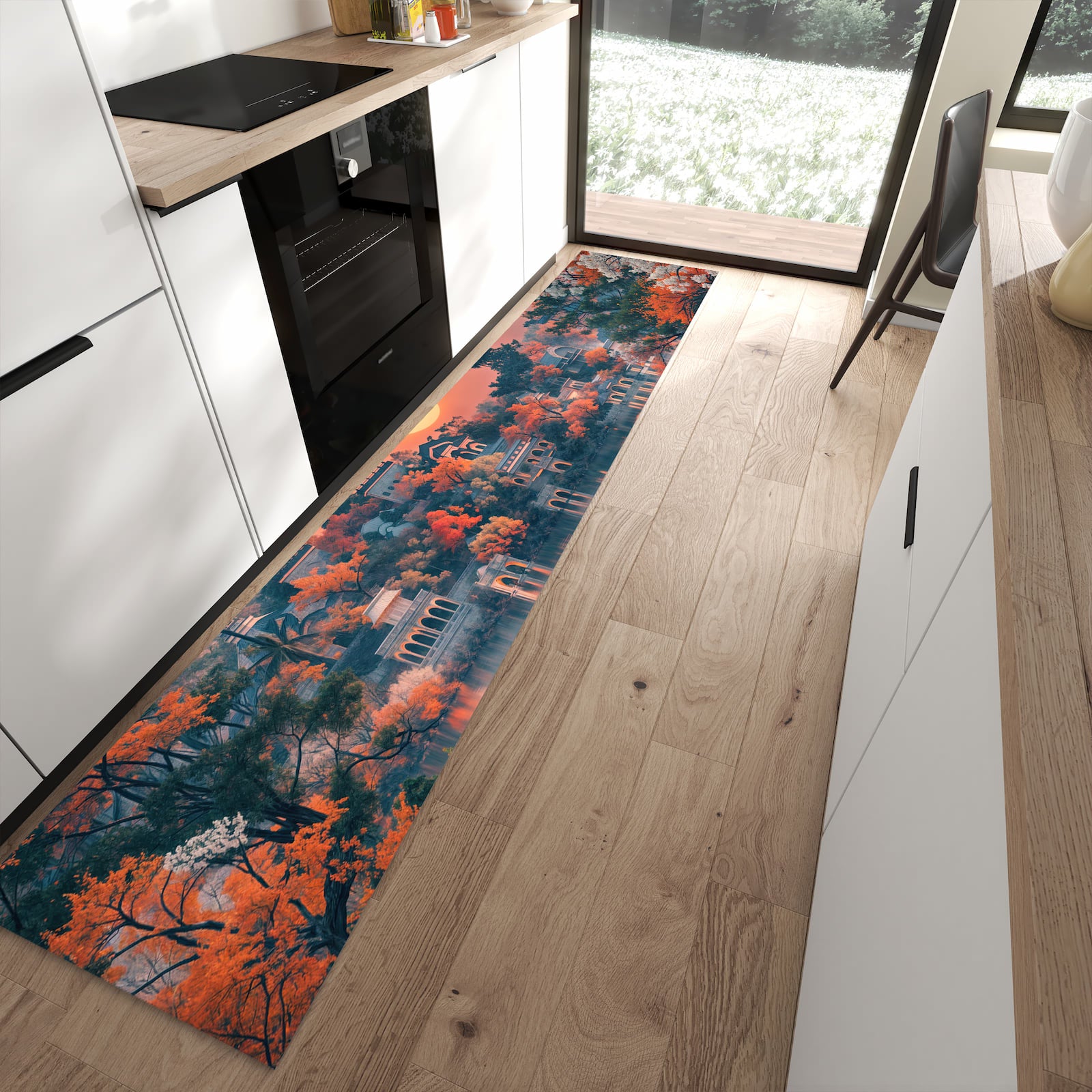 Wasserabweisender Küchenläufer mit Motiv Sonnenuntergangspalast in moderner Küche