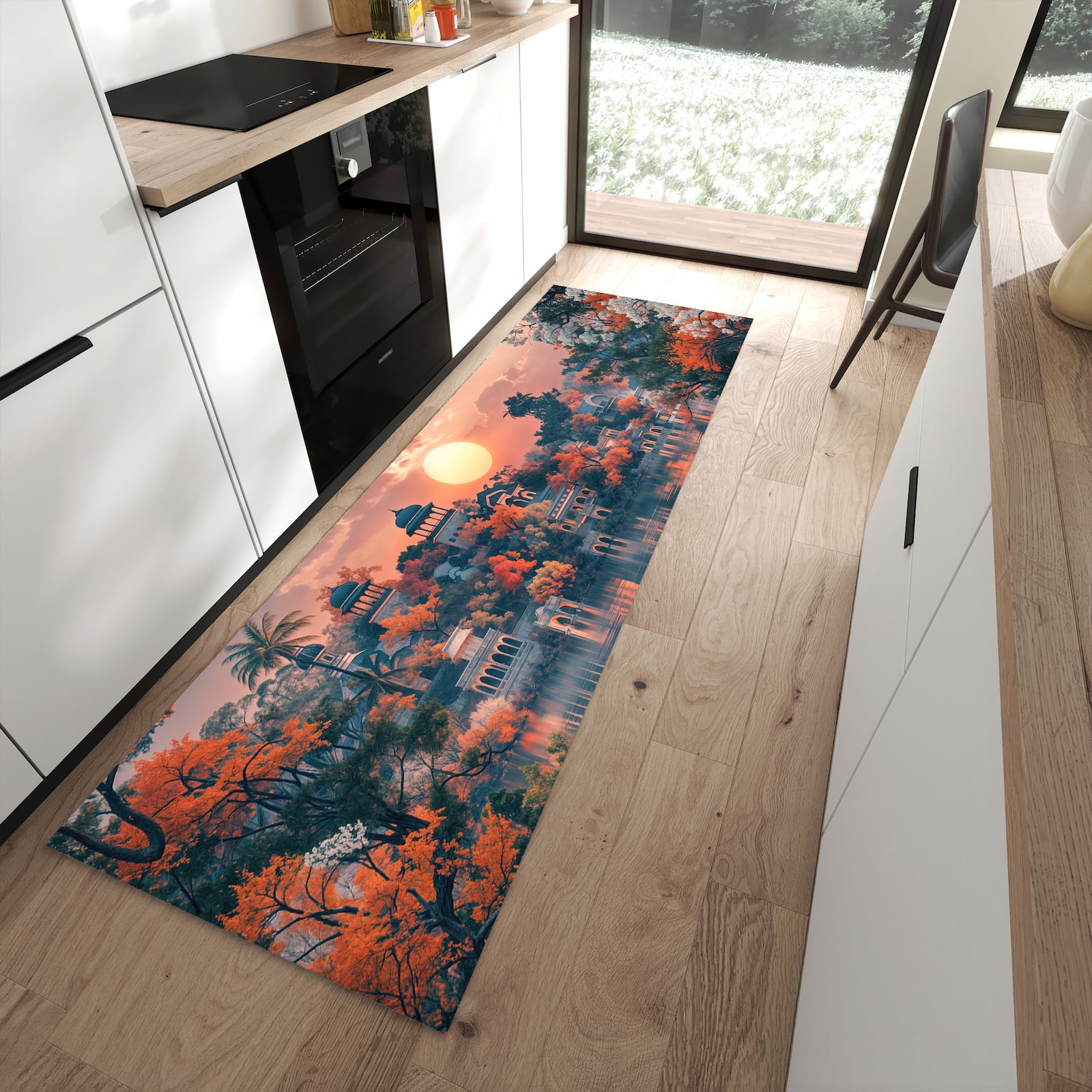 Geruchsneutraler Küchenteppich mit Motiv Sonnenuntergangspalast in moderner Küche