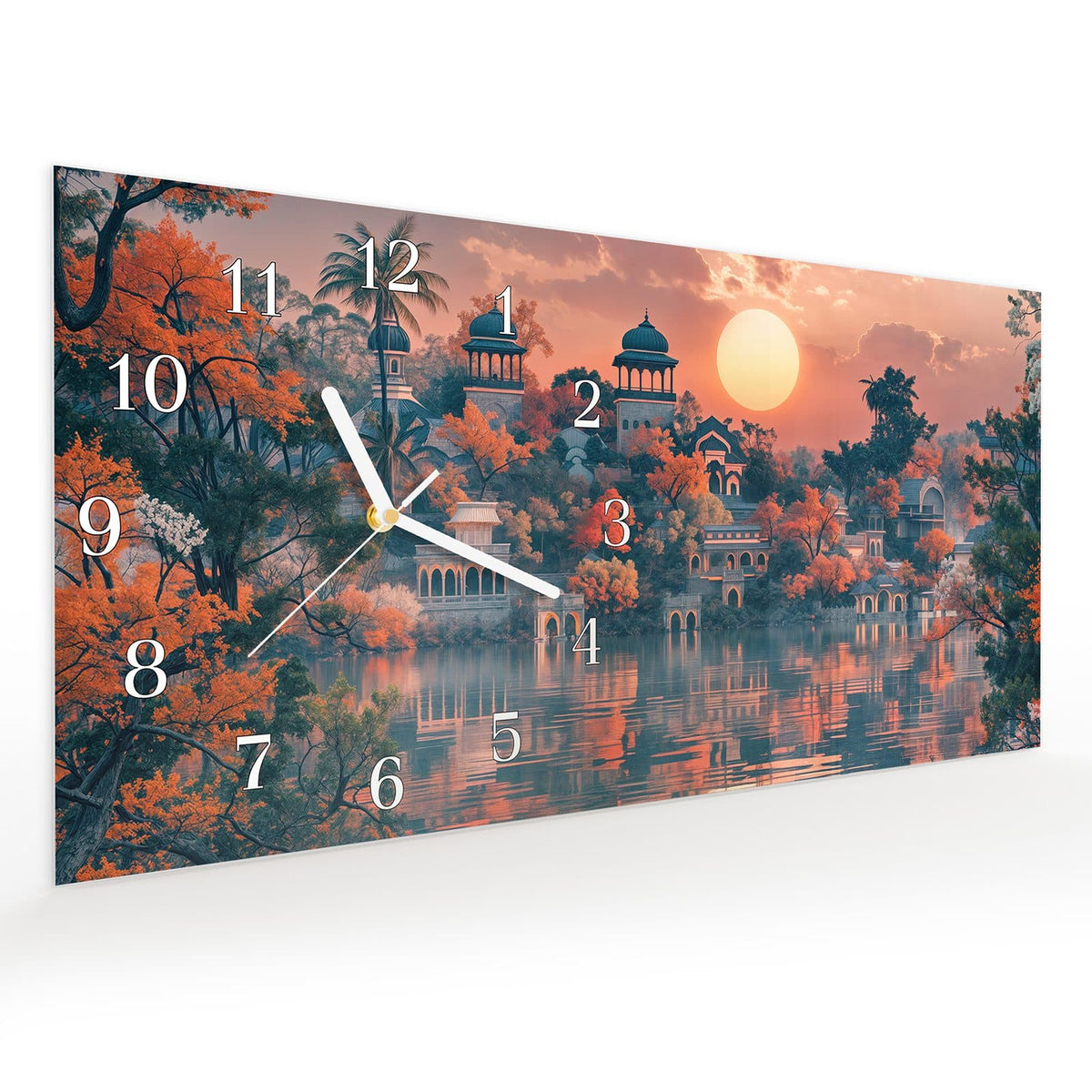 Vormontiert – mit Schwebeeffekt – Wanduhr Palast im Abendlicht aus Glas – Querformat 60 × 30 cm