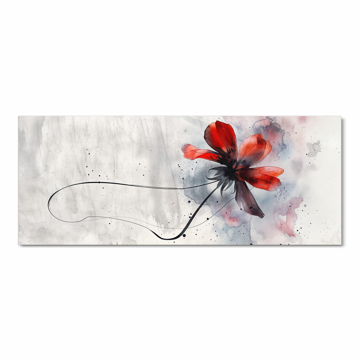 Rote Aquarellblüte mit schwarzen Tuschelinien auf hellem Grund