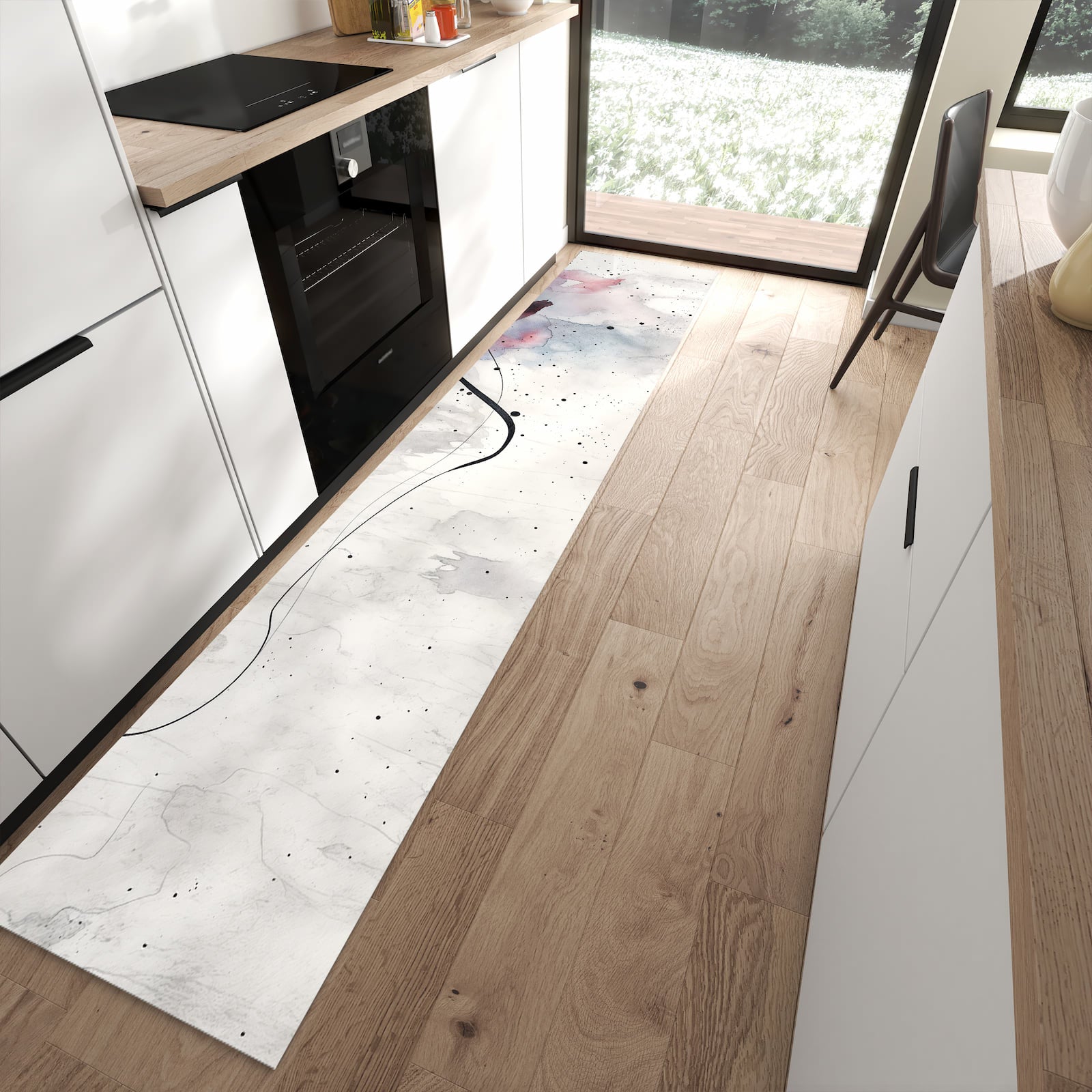 Rutschfester Küchenteppich mit Motiv Abstrakte Blüte in moderner Küche