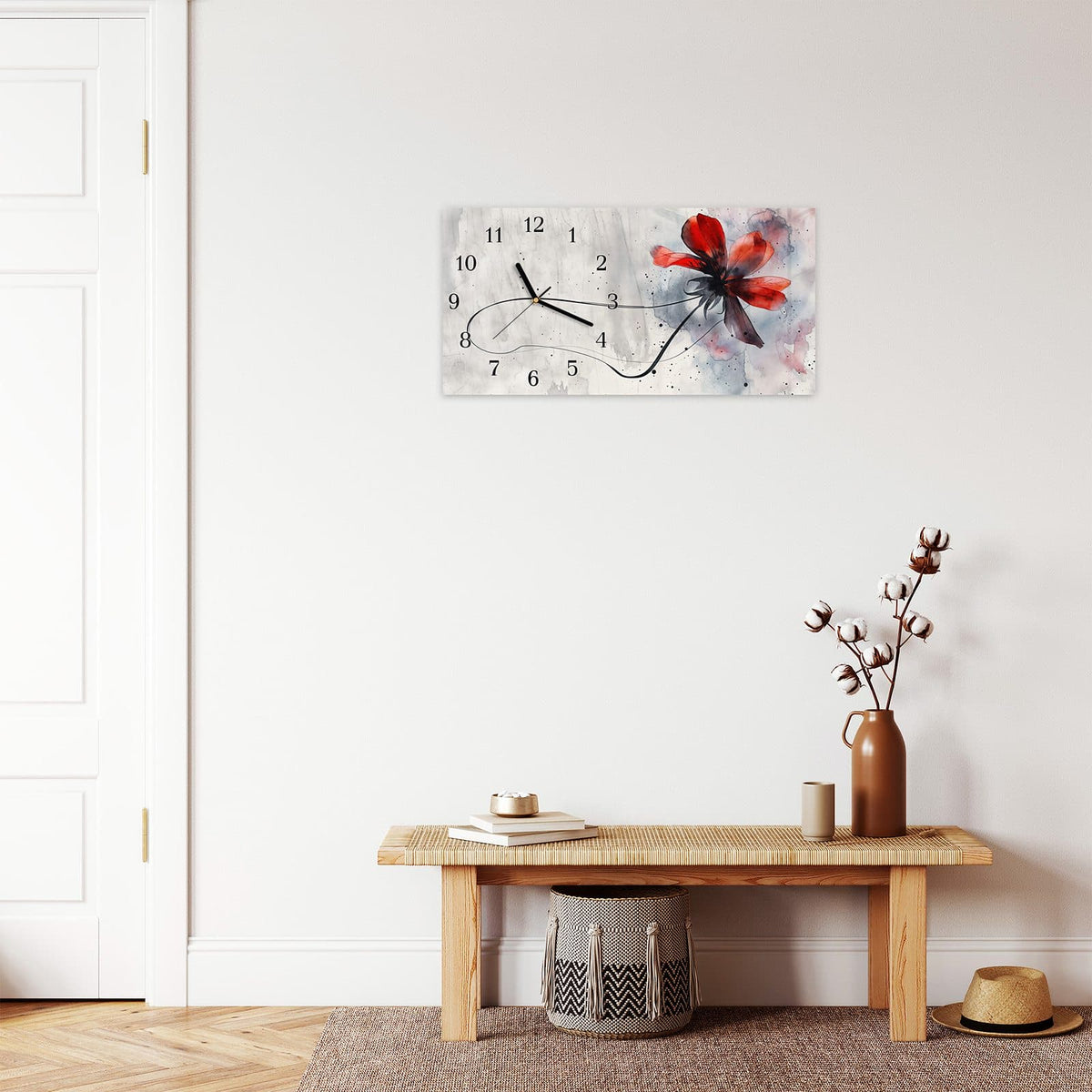 Moderne Wanduhr aus Glas mit Farbtiefe – Wanduhr Abstrakte Blüte aus Glas – Querformat 60 × 30 cm